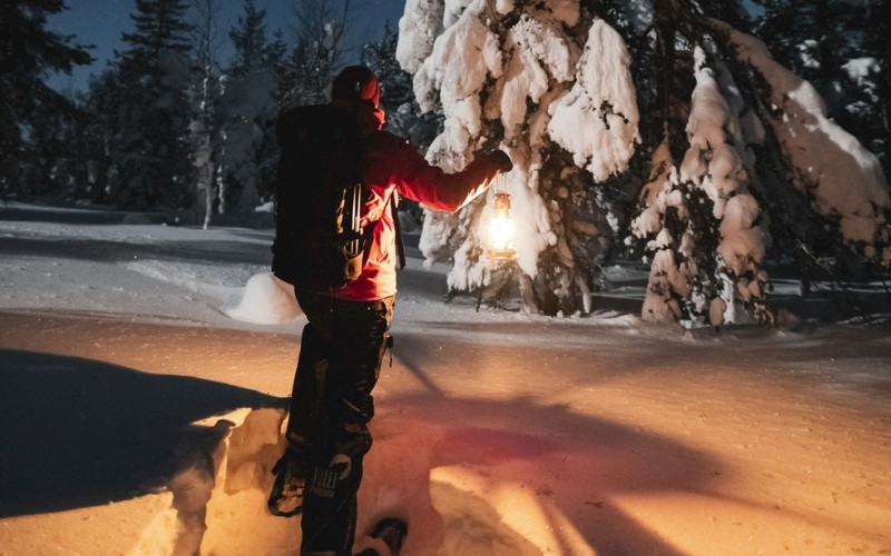 Snowshoeing in the darkness